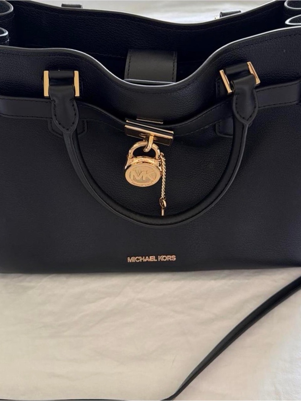 Michael Kors Black Leather Tote with Gold Hardware and Charm